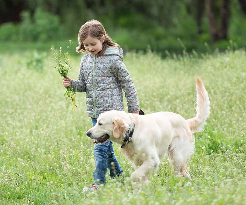 Little girl walking with dog